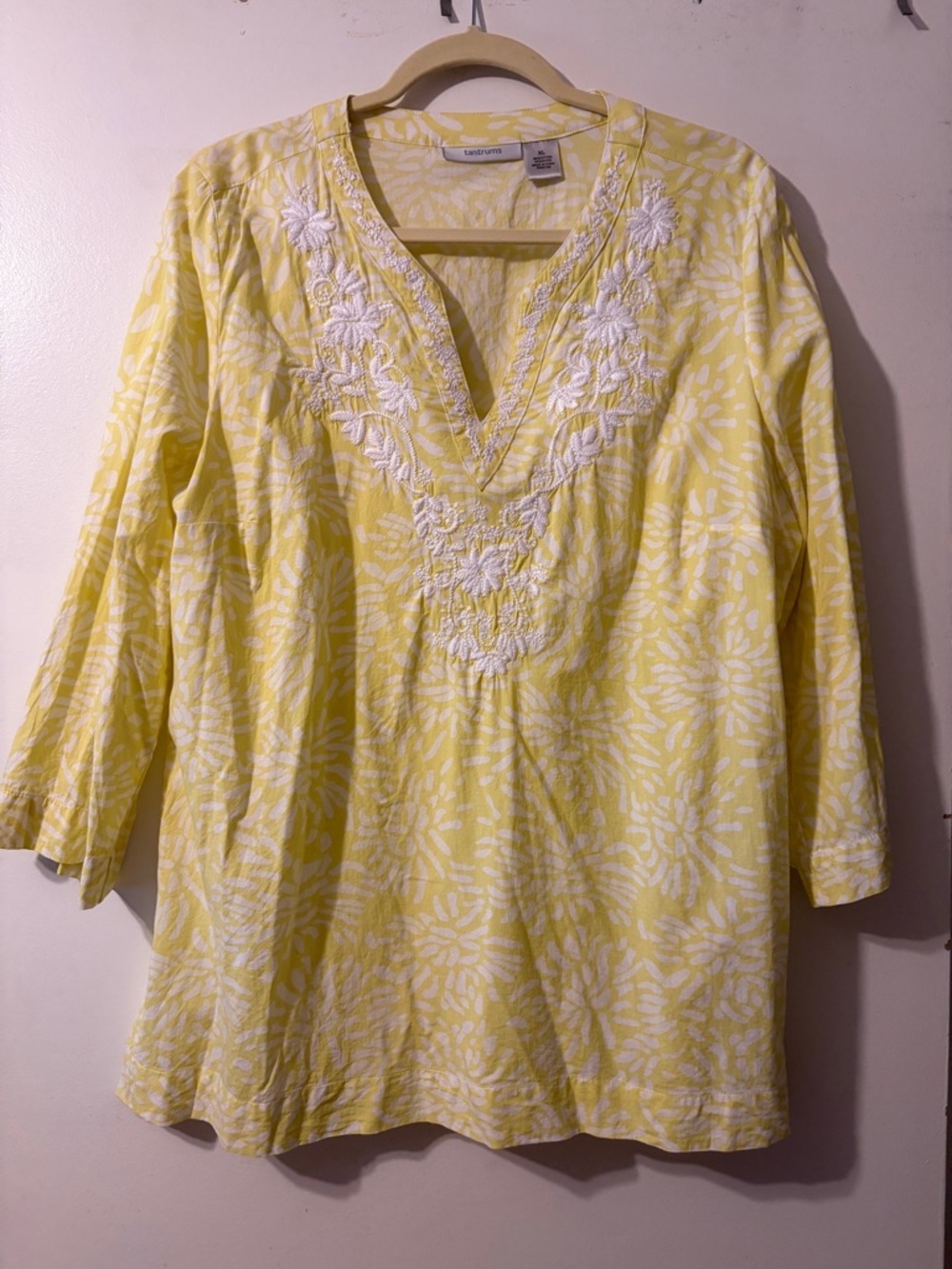 4/$25 Tantrums Yellow and White Embroidered V-Neck Tunic